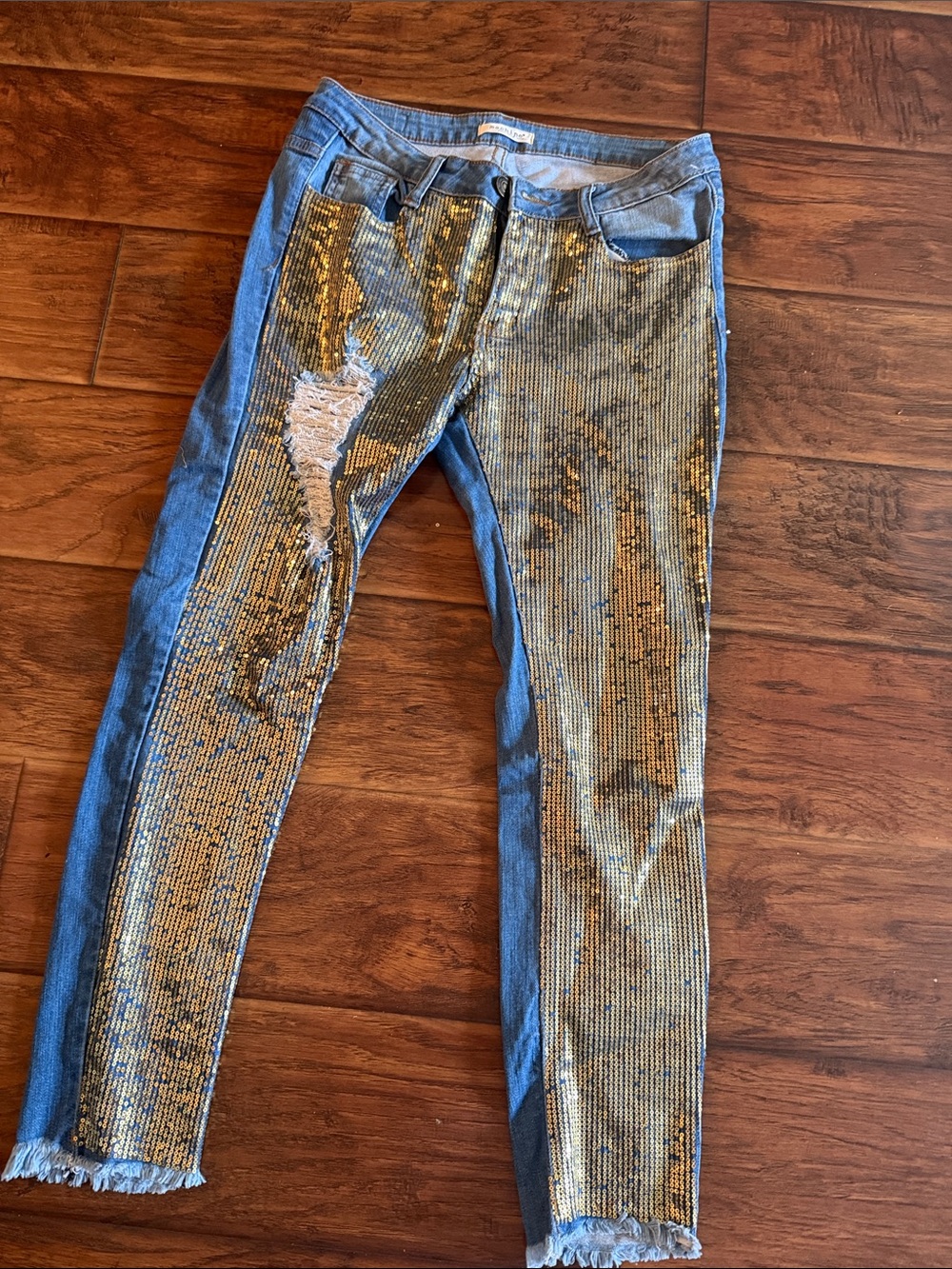 Machine Blue Skinny Jeans with Gold Sequin Front